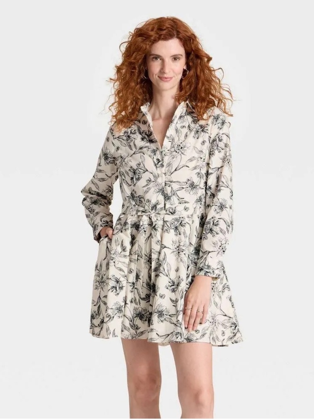 NWT A New Day Cream Floral Button-Down Shirt Dress Women’s Size Large L